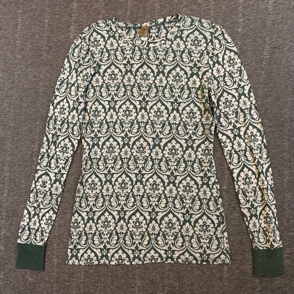 BKE Green & White Damask Long Sleeve Top Womens Large Stretch Boho Cottage Shirt